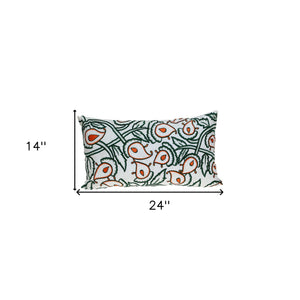 Homeroots 14" X 24" Green And White Cotton Lumbar Throw Pillow With Embroidery   529265
