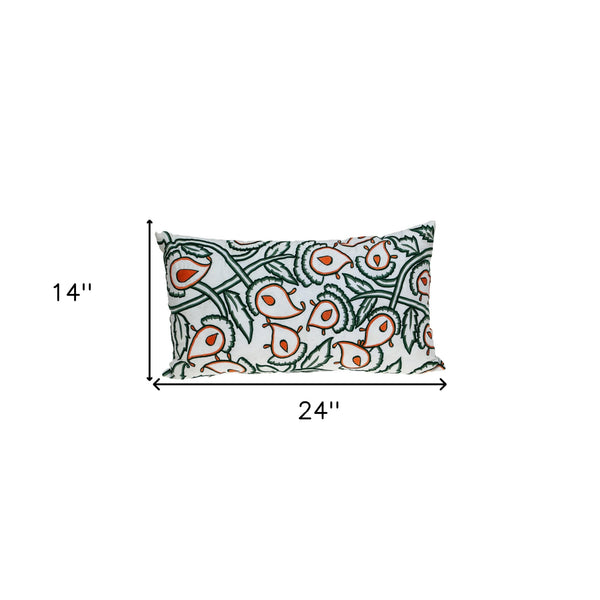 Homeroots 14" X 24" Green And White Cotton Lumbar Throw Pillow With Embroidery   529265