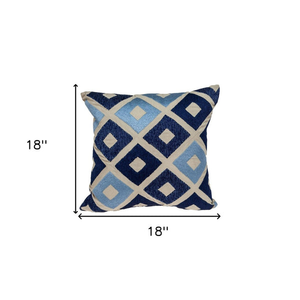 Homeroots 18" Beige And Blue Diamond Cotton Throw Pillow – Cozy Embroidery, Perfect For Home Decor Accents   529266