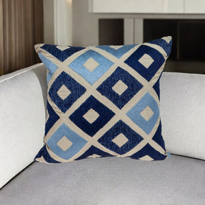 Homeroots 18" Beige And Blue Diamond Cotton Throw Pillow – Cozy Embroidery, Perfect For Home Decor Accents   529266