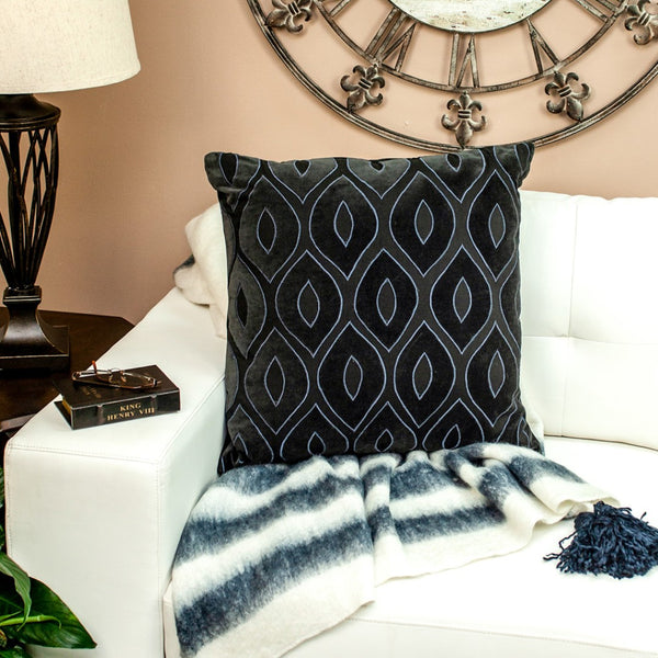 Homeroots 22" Black And Blue Ogee Cotton Throw Pillow - Cozy Embroidery & Applique For Stylish Decor   529267