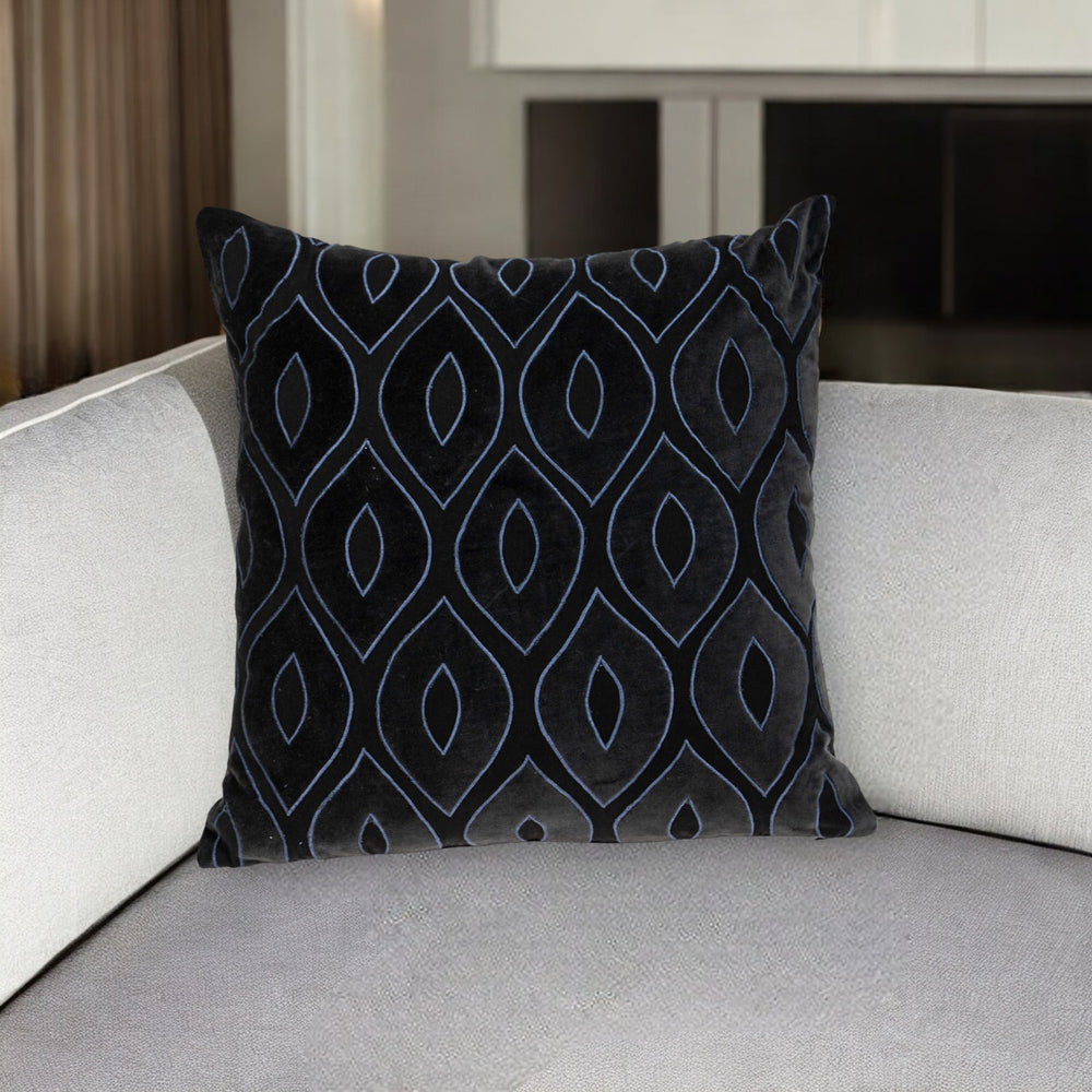 Homeroots 22" Black And Blue Ogee Cotton Throw Pillow - Cozy Embroidery & Applique For Stylish Decor   529267