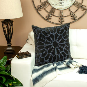 Homeroots 22" Black And Blue Floral Cotton Throw Pillow - Stylish Embroidery, Applique, And Ultimate Comfort!   529268