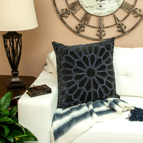Homeroots 22" Black And Blue Floral Cotton Throw Pillow - Stylish Embroidery, Applique, And Ultimate Comfort!   529268