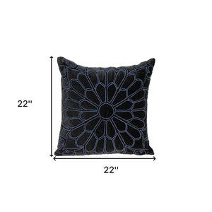 Homeroots 22" Black And Blue Floral Cotton Throw Pillow - Stylish Embroidery, Applique, And Ultimate Comfort!   529268
