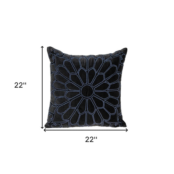 Homeroots 22" Black And Blue Floral Cotton Throw Pillow - Stylish Embroidery, Applique, And Ultimate Comfort!   529268