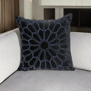Homeroots 22" Black And Blue Floral Cotton Throw Pillow - Stylish Embroidery, Applique, And Ultimate Comfort!   529268