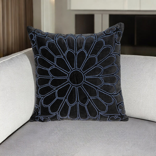 Homeroots 22" Black And Blue Floral Cotton Throw Pillow - Stylish Embroidery, Applique, And Ultimate Comfort!   529268