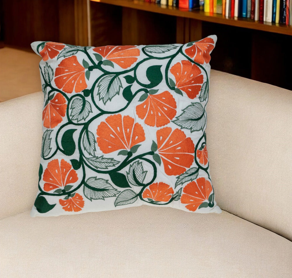 Homeroots 22" Orange And White Floral Cotton Throw Pillow - Cozy Embroidered Accent For Couch Or Bed Decor   529293