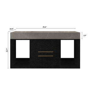 English Elm 39.4 Inch Floating Bathroom Vanity Sintered Stone Top Solid Wood 2 Soft Close Drawers W3136S00037