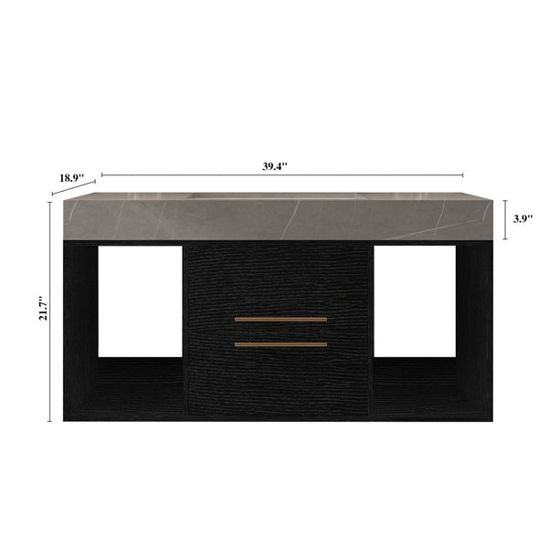 English Elm 39.4 Inch Floating Bathroom Vanity Sintered Stone Top Solid Wood 2 Soft Close Drawers W3136S00037