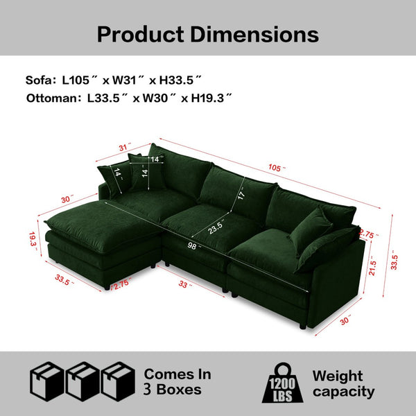 English Elm 105" L-shaped Chenille Sectional with Ottoman Pocket Spring Living Room Sofa Green W1097S00230