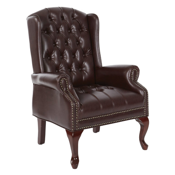 OSP Home Furnishings Traditional Queen Anne Wingback Chair with Oxblood Vinyl Lumbar Support and Cabriole Legs TEX234-JT4