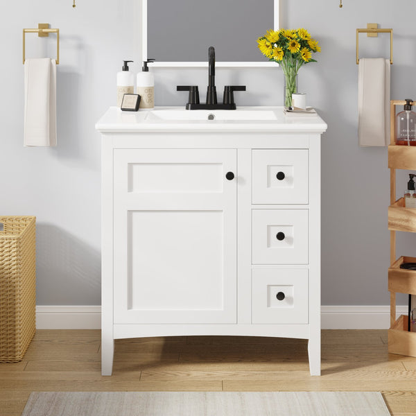 English Elm 30 Inch Bathroom Vanity with Ceramic Sink and 3 Smooth-Glide Drawers, Modern Moisture-Resistant Storage White N710P252105K