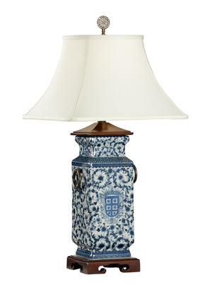 Wildwood Blue Hand-Painted Heralds Lamp With Mahogany Base — Slim Blue-And-White Porcelain Accent Light For Bedside 5294