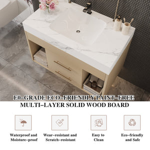 English Elm 29.9" Floating Bathroom Vanity Sintered Stone Top Soft Close Drawers Bronze Gold Hardware White,Wood W3136S00039