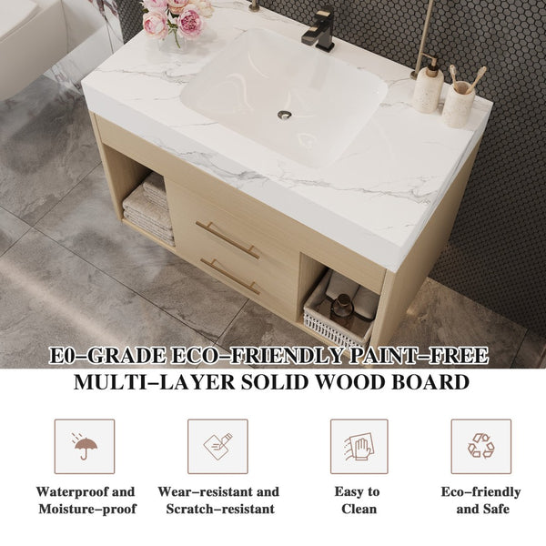 English Elm 29.9" Floating Bathroom Vanity Sintered Stone Top Soft Close Drawers Bronze Gold Hardware White,Wood W3136S00039