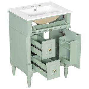 English Elm 24 Inch Freestanding Vanity with Ceramic Sink Rubberwood Frame Matte Finish Storage Green N725P356058F