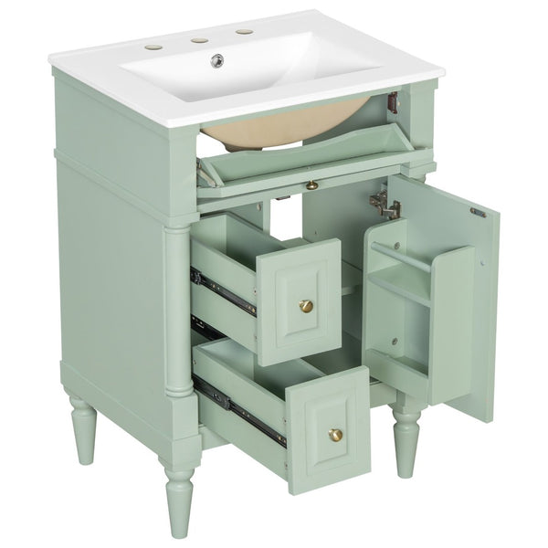 English Elm 24 Inch Freestanding Vanity with Ceramic Sink Rubberwood Frame Matte Finish Storage Green N725P356058F