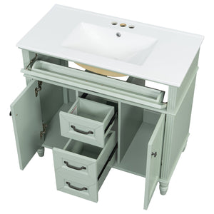 English Elm 36 Inch Bathroom Vanity with Ceramic Sink, Durable MDF & Solid Wood Frame, Soft-Close Doors, Luxe Handles, Ample Organized Storage, Modern Freestanding Design Green N725P314034F