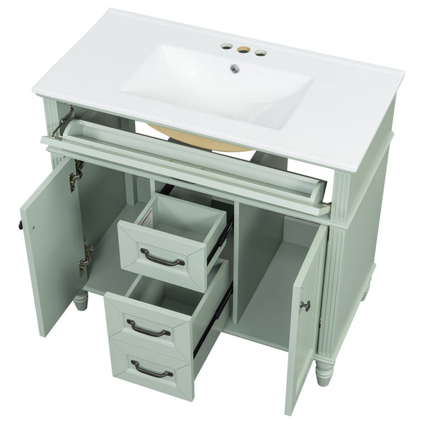 English Elm 36 Inch Bathroom Vanity with Ceramic Sink, Durable MDF & Solid Wood Frame, Soft-Close Doors, Luxe Handles, Ample Organized Storage, Modern Freestanding Design Green N725P314034F