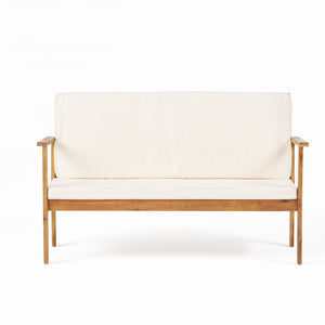 English Elm Beige Outdoor Loveseat Solid Acacia Wood Slatted Back Cushioned Patio Seating N770P356880C