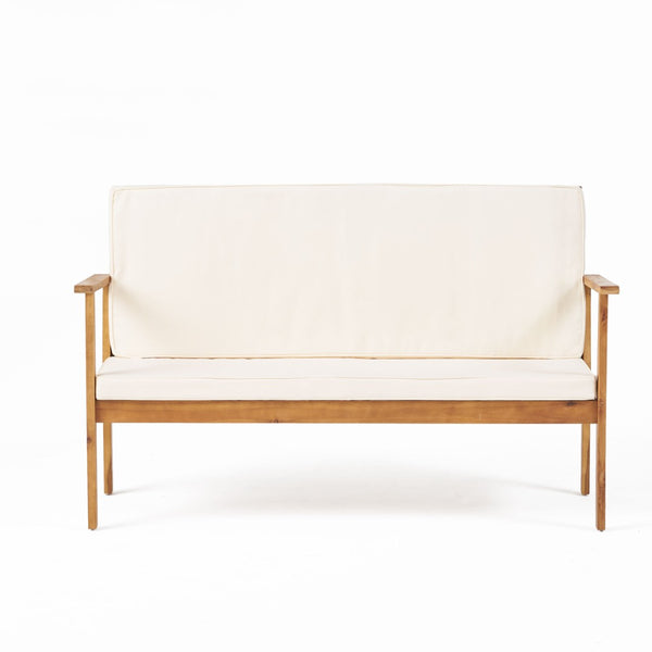 English Elm Beige Outdoor Loveseat Solid Acacia Wood Slatted Back Cushioned Patio Seating N770P356880C