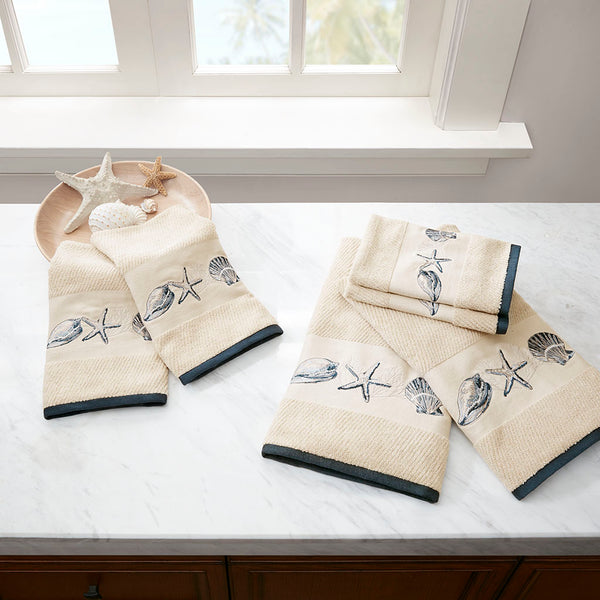 JLA Home Madison Park - Embroidered Cotton Jacquard 6-Piece Towel Set — Coastal Blue Seashell & Starfish Motif, Soft Absorbent MP73-4967