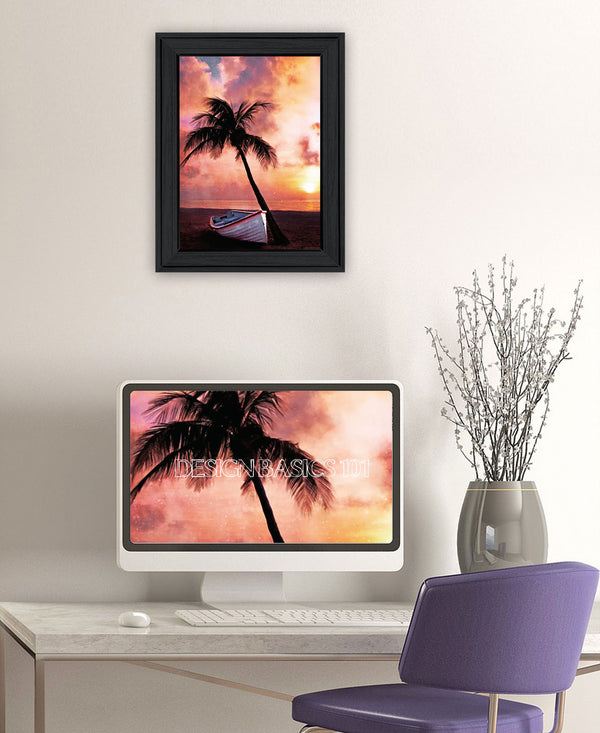 Homeroots Palm Tree Sunset Wall Art Print - Stylish Black Framed Home Decor For Rustic Modern Vibe 19x15"  Wood 529591