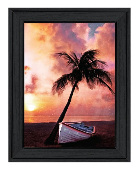 Homeroots Palm Tree Sunset Wall Art Print - Stylish Black Framed Home Decor For Rustic Modern Vibe 19x15"  Wood 529591