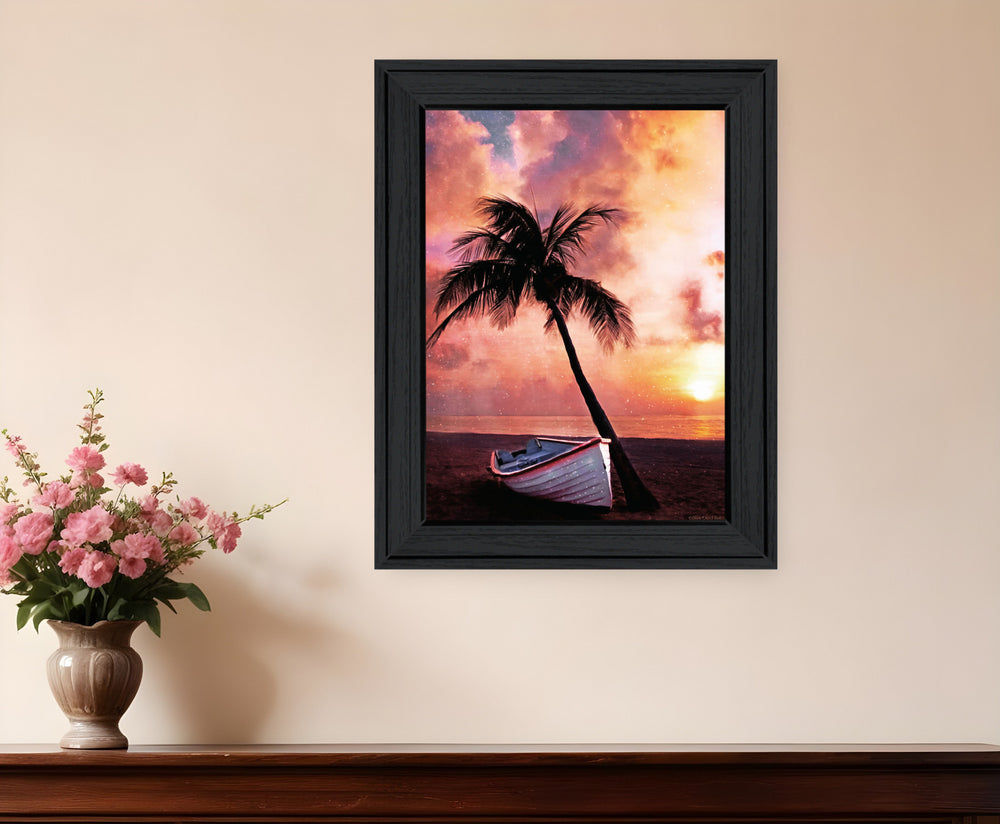 Homeroots Palm Tree Sunset Wall Art Print - Stylish Black Framed Home Decor For Rustic Modern Vibe 19x15"  Wood 529591