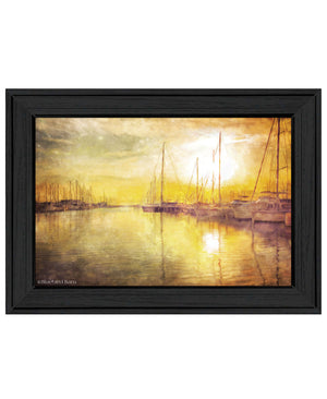Homeroots Yellow Sunset Boats In Marina Black Framed Print Wall Art  Wood 529607