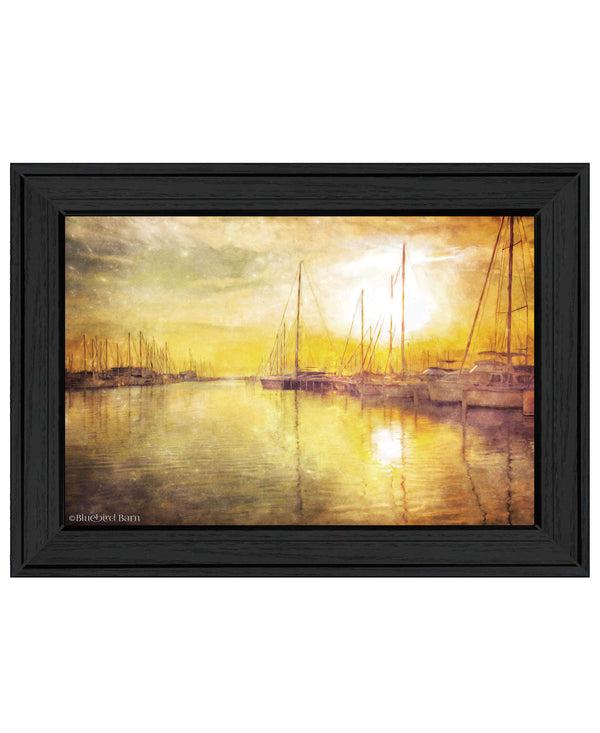 Homeroots Yellow Sunset Boats In Marina Black Framed Print Wall Art  Wood 529607