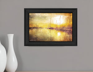 Homeroots Yellow Sunset Boats In Marina Black Framed Print Wall Art  Wood 529607