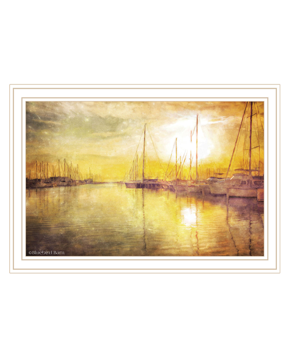 Homeroots Yellow Sunset Boats In Marina White Framed Print Wall Art White Wood 529610