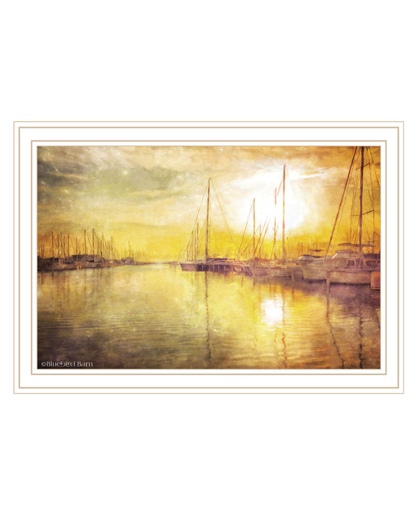 Homeroots Yellow Sunset Boats In Marina White Framed Print Wall Art White Wood 529610