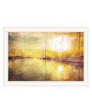 Homeroots Yellow Sunset Boats In Marina White Framed Print Wall Art White Wood 529610