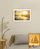 Homeroots Yellow Sunset Boats In Marina White Framed Print Wall Art White Wood 529610