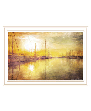 Homeroots Yellow Sunset Boats In Marina White Framed Print Wall Art White Wood 529610