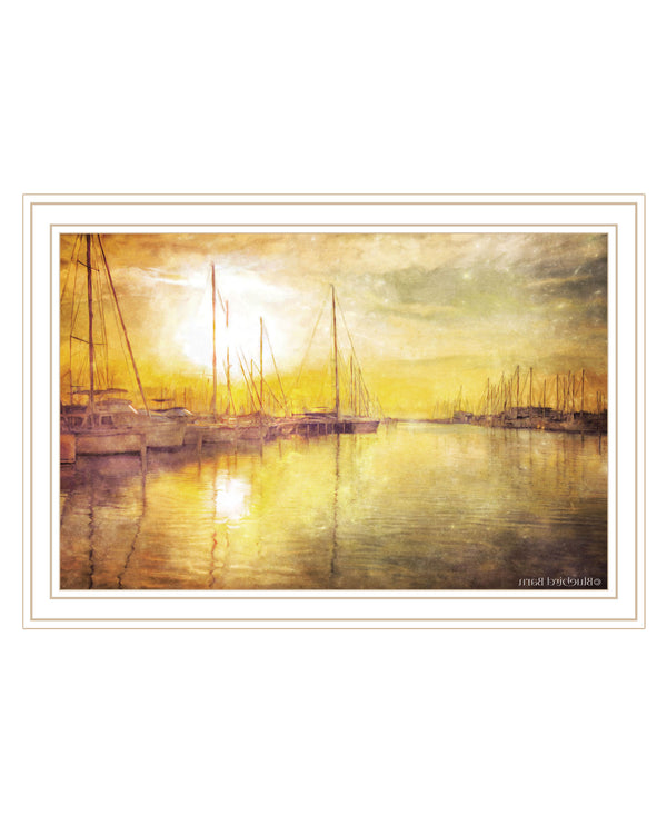 Homeroots Yellow Sunset Boats In Marina White Framed Print Wall Art White Wood 529610