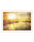 Homeroots Yellow Sunset Boats In Marina White Framed Print Wall Art White Wood 529610