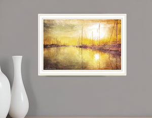 Homeroots Yellow Sunset Boats In Marina White Framed Print Wall Art White Wood 529610