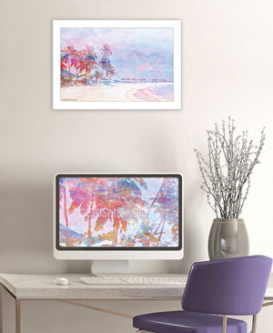 Homeroots Rainbow Bright Sandy Beach With Umbrellas White Framed Print Wall Art  Wood 529613