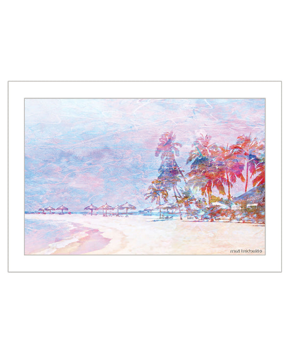 Homeroots Rainbow Bright Sandy Beach With Umbrellas White Framed Print Wall Art  Wood 529613