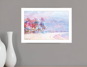 Homeroots Rainbow Bright Sandy Beach With Umbrellas White Framed Print Wall Art  Wood 529613