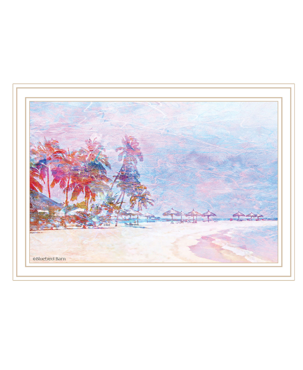 Homeroots Rainbow Bright Sandy Beach With Umbrellas White Framed Print Wall Art White And Gold Wood 529614