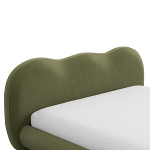 English Elm Brown Boucle Eastern King Bed Camel Back Headboard Round Bun Feet Upholstered Frame Olive Green B2741S00831