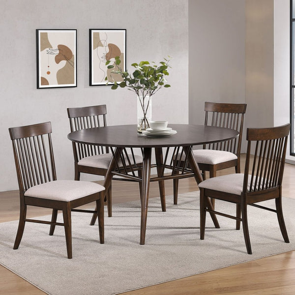 English Elm Shirley Sap Walnut Veneer Round Dining Table Seats Four with Tapered Legs B062S01491