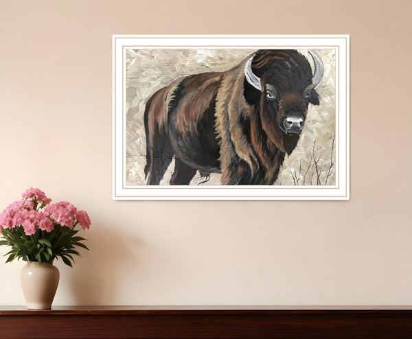 Homeroots The Boss Bison Only White Framed Print Wall Art White Wood 529700