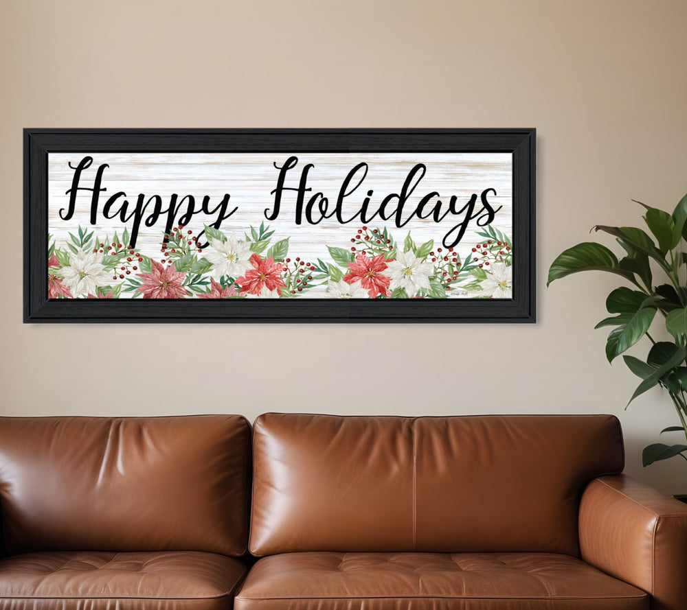 HomeRoots Happy Holiday Framed Print Wall Art - Rustic Charm Meets Modern Farmhouse Style for Seasonal Decor Charcoal 529703